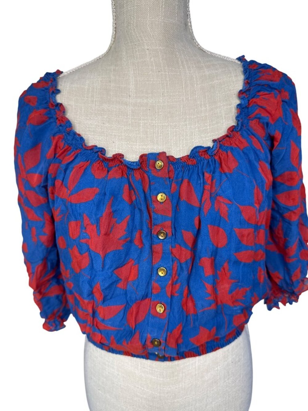 Carolina K Womens Blue & Red Off-Shoulder Crop Top With Button Front